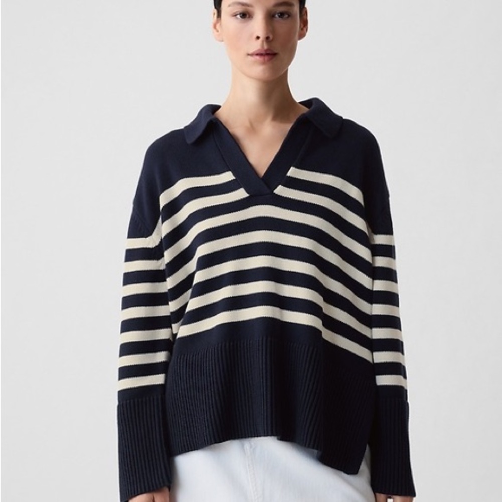 Navy and Cream Polo Style Striped Women's Sweater